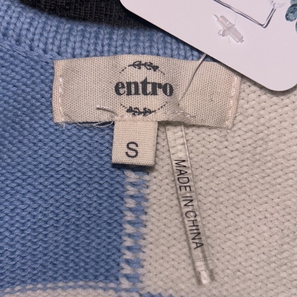 NWT Sz.S Entro Blue Checked Floral Cropped Crochet Top - Picture 2 of 3